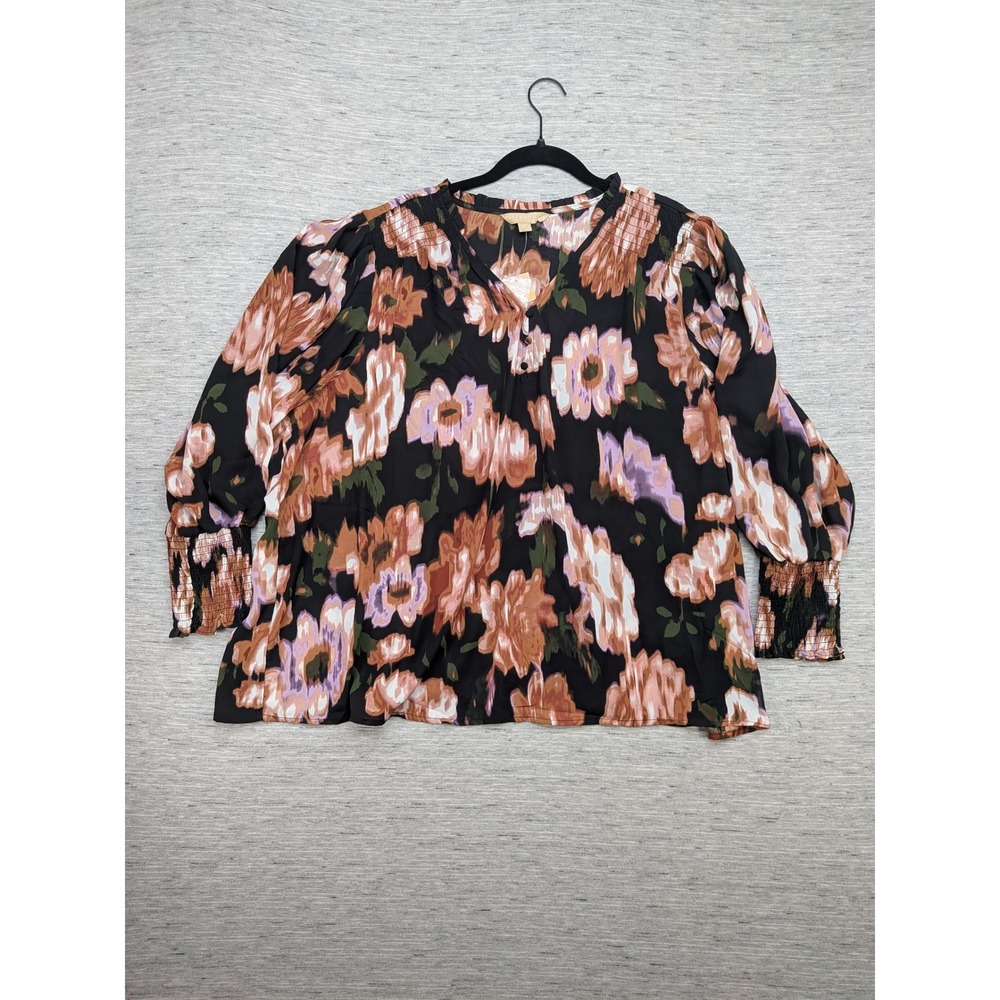 Hope & Harlow Floral Blouse‎ Smocked Cuff Black 3X Dark Romantic Cottagecore